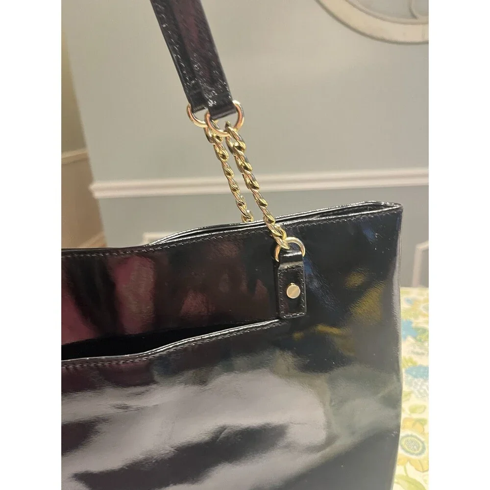 Michael Kors Jet Set Shiny Black Patent Leather Chain Tote Purse Handbag